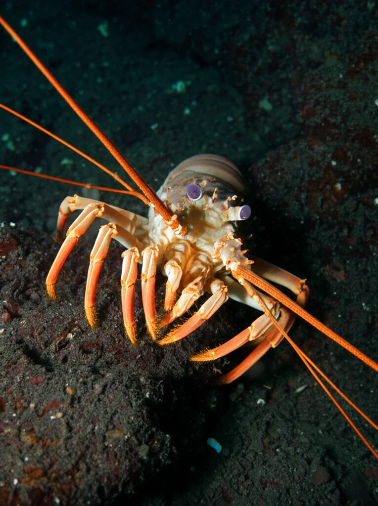 Fotografia subacquea, obiettivo macro 100mm, che mostra un primo piano dettagliato dell'aragosta Projasus bahamondei su un substrato roccioso scuro a 450m di profondità. Illuminazione controllata per evidenziare la texture del carapace e le lunghe antenne. Alta definizione, messa a fuoco precisa sull'occhio del crostaceo.