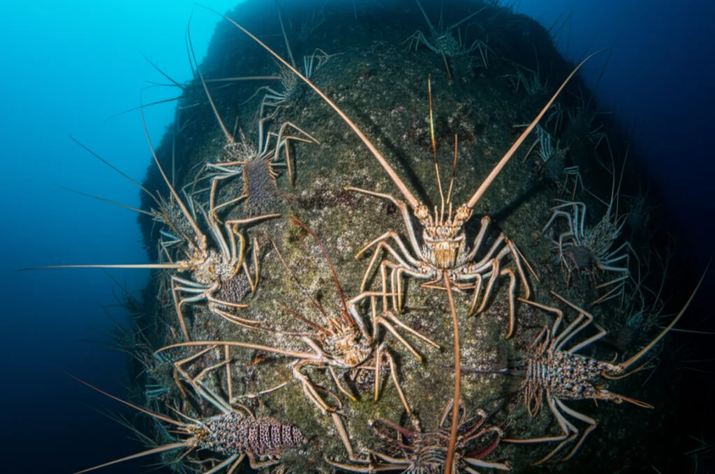Fotografia subacquea grandangolare, obiettivo 18mm, che cattura un'aggregazione di aragoste Projasus bahamondei su una parete rocciosa verticale a 480m. Luce stroboscopica controllata illumina la scena, mostrando almeno una dozzina di individui. Acqua limpida, sharp focus sull'intera scena.