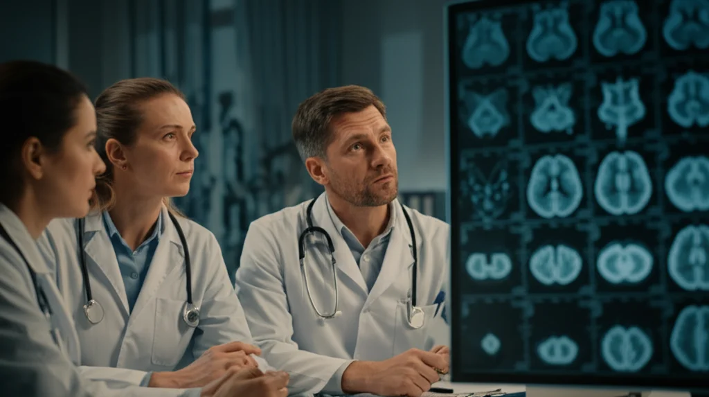 Team medico che discute davanti a una risonanza magnetica cerebrale in una sala di consultazione ospedaliera, obiettivo zoom 24-70mm, luce soffusa, focus sui volti concentrati dei medici.