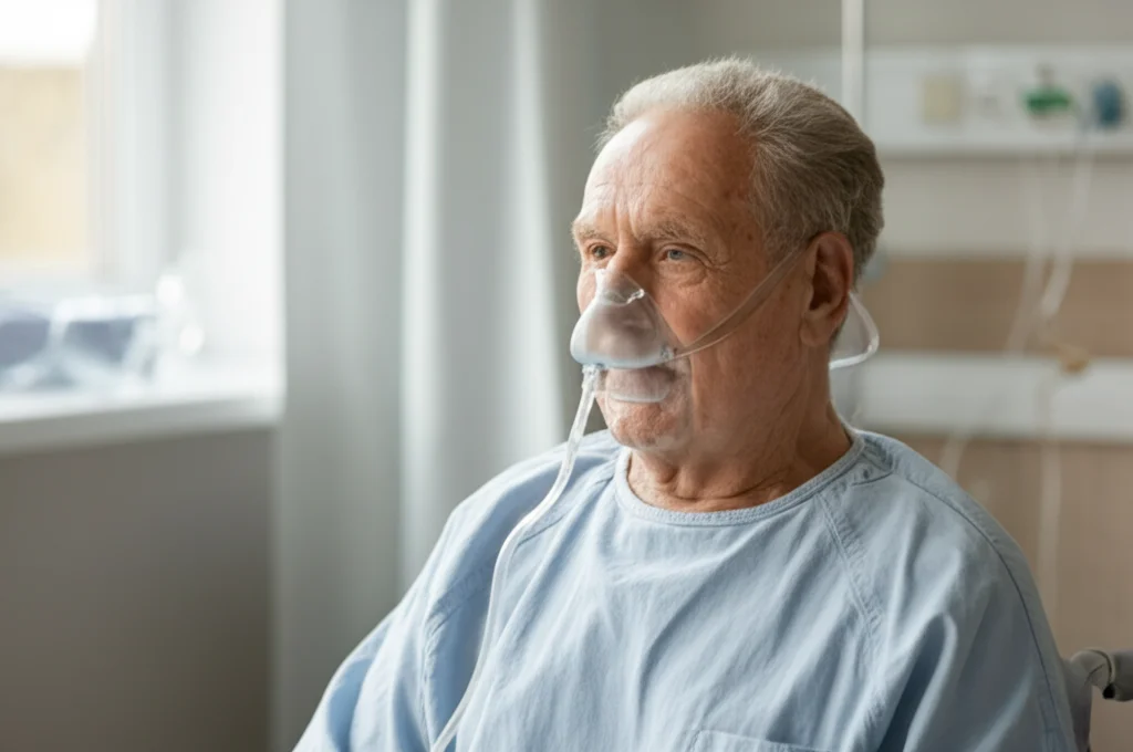 Fotografia ritratto di un paziente anziano con BPCO che respira tranquillamente in una stanza d'ospedale, luce naturale dalla finestra, obiettivo 35mm, profondità di campo, atmosfera speranzosa ma realistica.