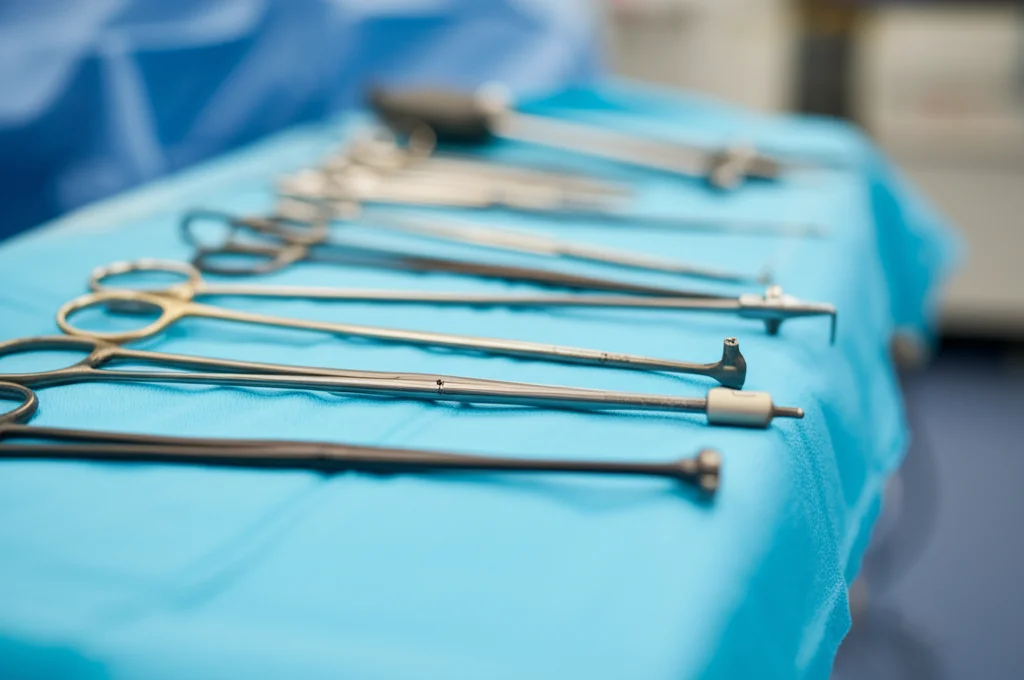 Primo piano macro di strumenti chirurgici laparoscopici sterilizzati su un telo blu sterile in una sala operatoria moderna, illuminazione controllata da sala operatoria, alta definizione, messa a fuoco precisa sui dettagli metallici lucidi. Macro lens, 100mm.