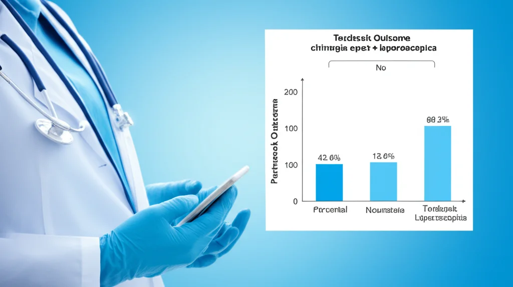 Grafico a barre comparativo che mostra percentuali simili di 'Textbook Outcome' per chirurgia open e laparoscopica, visualizzato su uno schermo digitale moderno in un contesto di ricerca medica. Alta definizione, colori chiari e contrastati.
