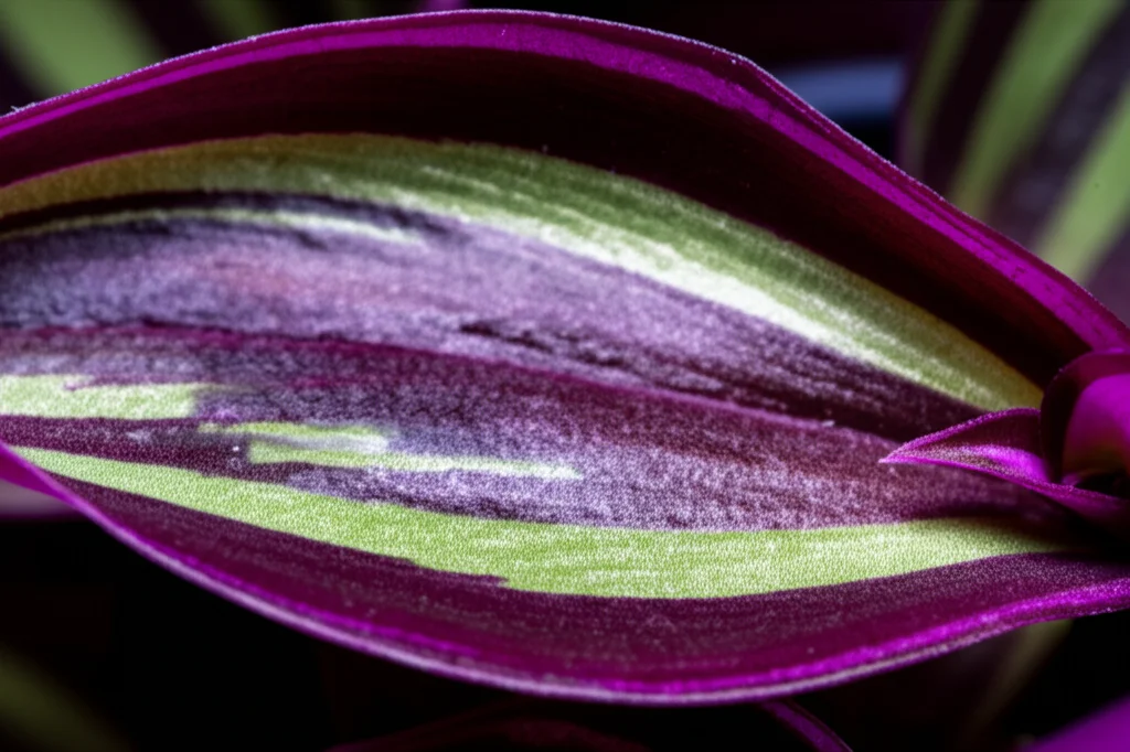 Macro fotografia ravvicinata di una foglia di Tradescantia zebrina, che mostra le striature viola e verdi brillanti e la struttura succulenta. Obiettivo macro 90mm, illuminazione laterale controllata per evidenziare la texture, alta definizione, messa a fuoco precisa sulla superficie della foglia.