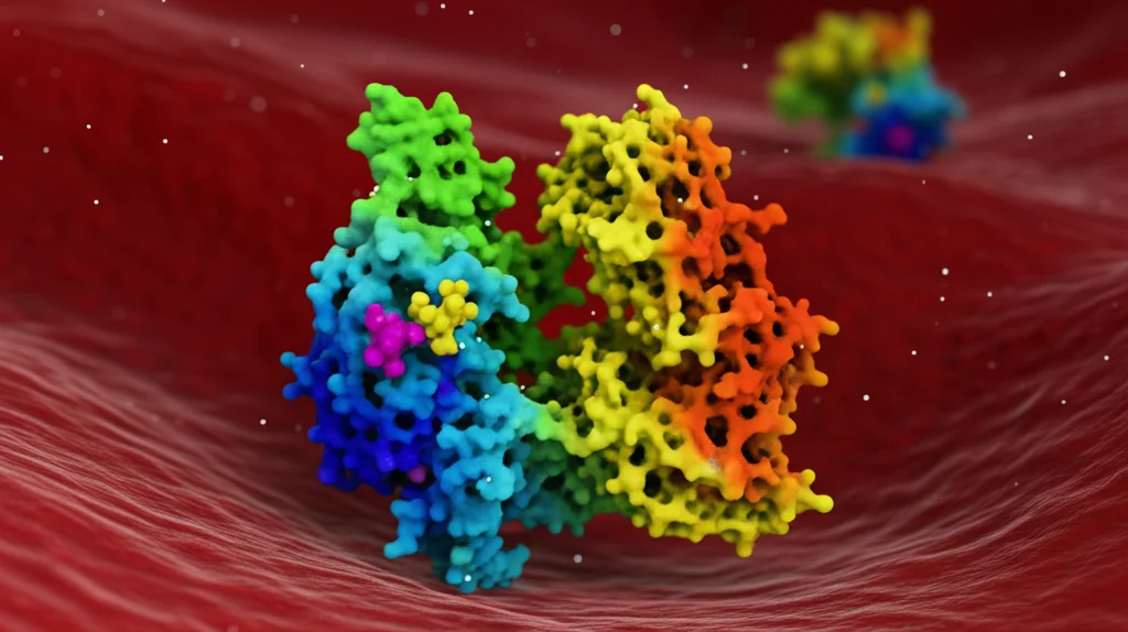 Visualizzazione grafica 3D astratta di un enzima MPO con siti attivi evidenziati, che interagisce con molecole nel flusso sanguigno. Colori vibranti, stile scientifico moderno.