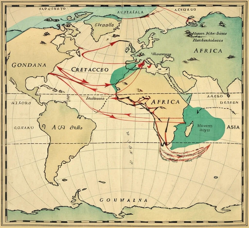 Illustrazione artistica del supercontinente Gondwana durante il Cretaceo, con evidenziata la regione Australiana come punto di origine delle Commelinaceae e frecce che indicano le rotte di dispersione verso Africa, Asia e Americhe. Stile mappa antica, colori seppia e verdi tenui.