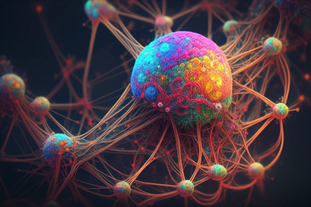 Visualizzazione astratta di reti geniche complesse all'interno di cellule cerebrali stilizzate, rappresentanti i meta-moduli durante lo sviluppo corticale. Illuminazione soffusa, colori vibranti che si intrecciano, profondità di campo ridotta. Obiettivo 50mm prime.