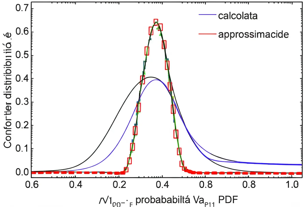 Confronto tra due curve di distribuzione di probabilità (PDF) con bande di incertezza, una calcolata con un metodo esatto e l'altra con un'approssimazione. Stile fotorealistico, grafico scientifico dettagliato, colori chiari su sfondo bianco.