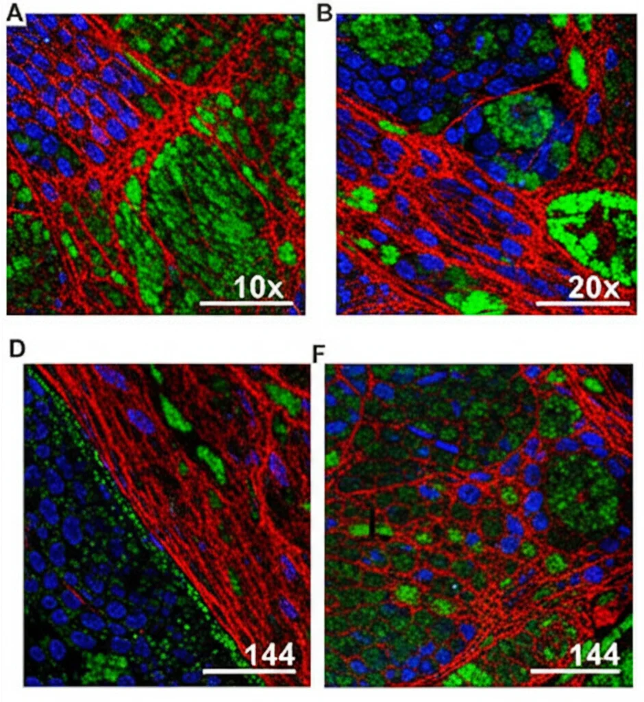 Immagine di immunofluorescenza ad alta risoluzione di una sezione di corteccia cerebrale fetale umana (settimana gestazionale 16). Evidenzia la co-localizzazione di proteine (es. VGAT, ZBTB16, CCK in rosso e verde) nello strato I, come previsto dal meta-modulo 144. Dettaglio elevato, microscopia confocale, obiettivo 40x.