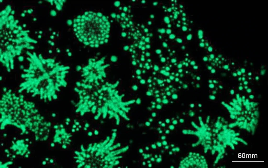 Fotomicrografia di un organoide corticale umano chimerico (mini-cervello) in una piastra di coltura. Si vedono strutture cellulari complesse. Illuminazione da laboratorio controllata, obiettivo macro 60mm, alta definizione per mostrare dettagli cellulari e organizzazione tissutale.