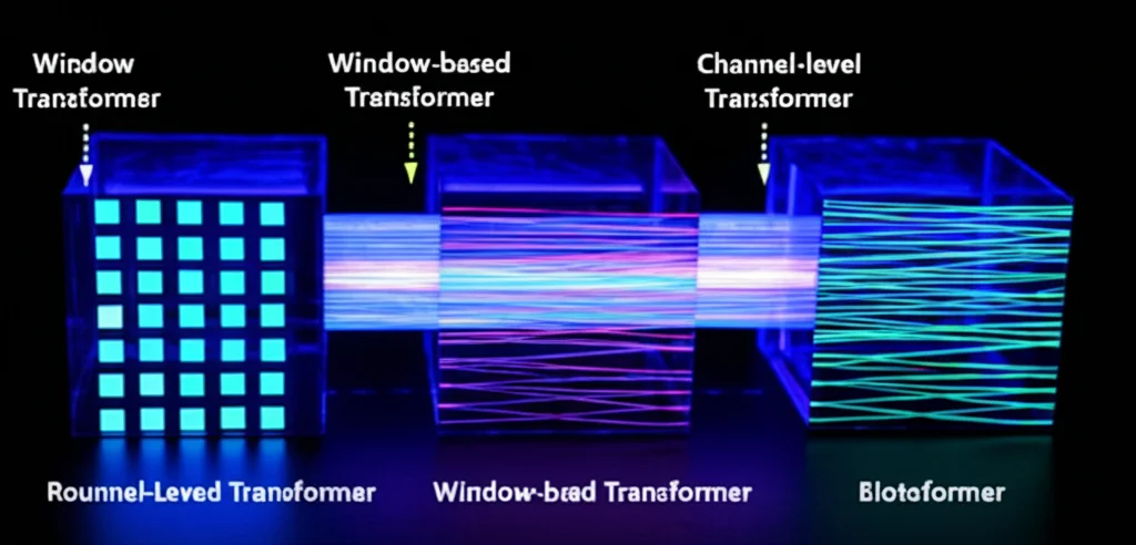 Immagine fotorealistica concettuale di una rete neurale multi-stadio. Si vedono tre blocchi collegati progressivamente, con flussi di dati luminosi che passano da uno all'altro. Il primo blocco ha piccole finestre illuminate (simbolo del window-based Transformer), l'ultimo ha linee luminose che attraversano l'intera larghezza (simbolo del channel-level Transformer). Macro lens 85mm, illuminazione controllata, alto dettaglio.