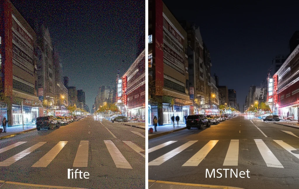 Confronto fotografico realistico affiancato. A sinistra, un'immagine di una scena urbana notturna con molto rumore digitale (granulosità). A destra, la stessa immagine dopo il denoising con MSTNet, molto più pulita e con dettagli preservati. Telephoto zoom 100mm, fast shutter speed per catturare la scena originale, illuminazione notturna.