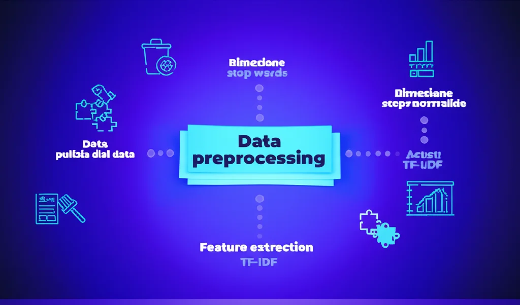 Illustrazione astratta del processo di data preprocessing per l'analisi del sentiment: icone che rappresentano la pulizia dei dati (spazzola), tokenizzazione (puzzle), rimozione stop words (cestino) e feature extraction TF-IDF (grafico a barre numerico). Illuminazione controllata, stile infografica high-detail.