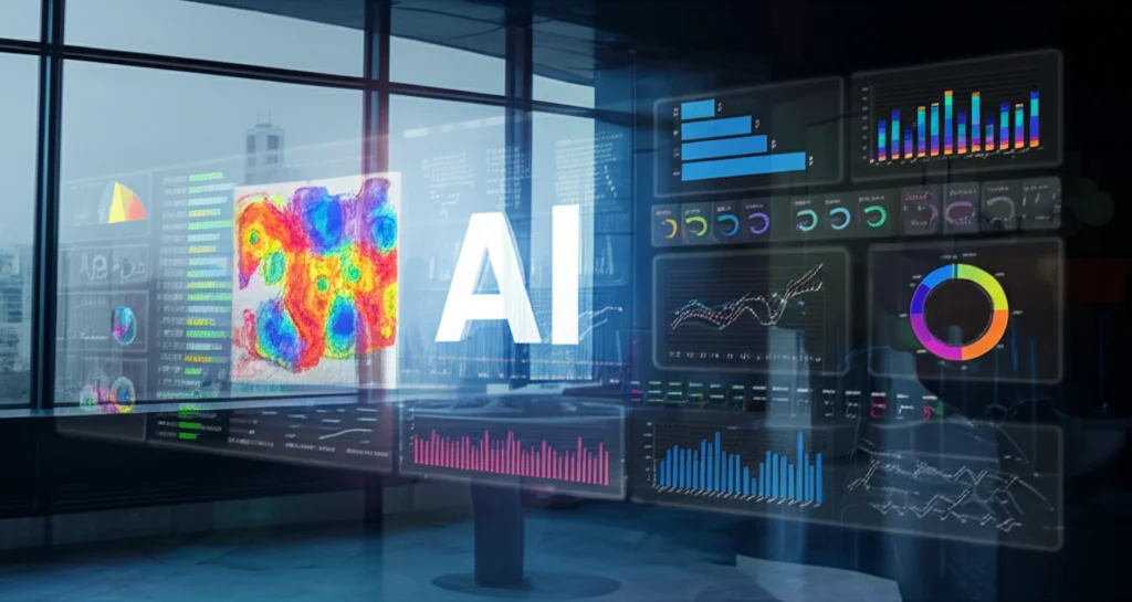 Concept di una dashboard AI futuristica per un'università, che mostra grafici di sentiment analysis in tempo reale, heatmaps di severità e trend per diversi corsi e docenti. Schermo luminoso in un ambiente moderno, high detail, controlled lighting.