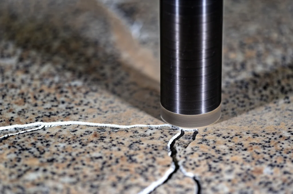 Fotografia macro, obiettivo 85mm, che mostra la punta di un disco da taglio oscillante (ODC) mentre interagisce con una superficie di roccia dura come il granito. Il punto di contatto è a fuoco, evidenziando micro-crepe che si formano nella roccia. Illuminazione controllata per accentuare texture e particelle di polvere. Alta definizione, messa a fuoco precisa.