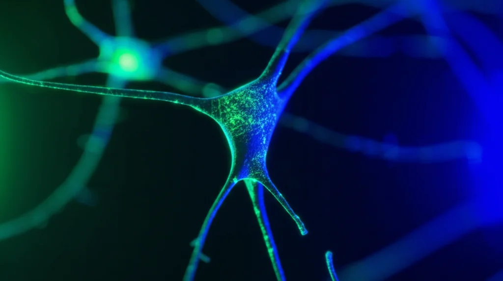 Fotografia macro di una rappresentazione astratta e luminosa di una sinapsi di rete neurale che si attiva, obiettivo macro 100mm, alto dettaglio, messa a fuoco precisa, illuminazione controllata blu freddo e verde elettrico, simboleggiando il calcolo efficiente simile al cervello.