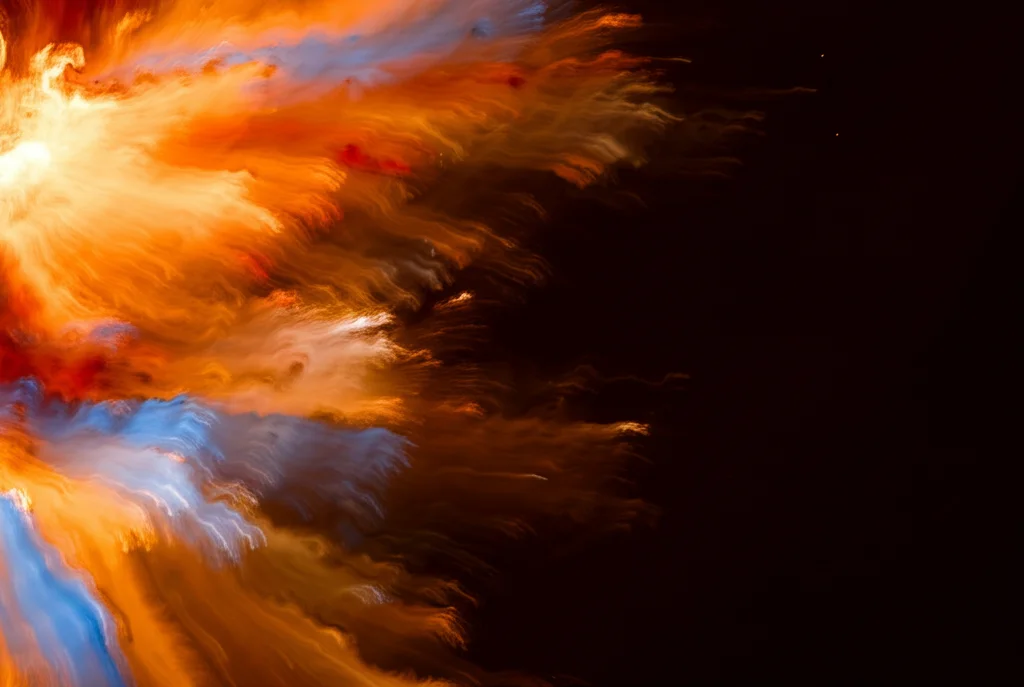 Visualizzazione concettuale di un fluido viscoso relativistico (colori caldi e vorticosi) che si espande verso una regione di vuoto scuro (a destra), con il confine tra i due chiaramente definito ma dinamico. Stile astrofotografia, obiettivo grandangolare 15mm, lunga esposizione per enfatizzare il movimento del fluido.