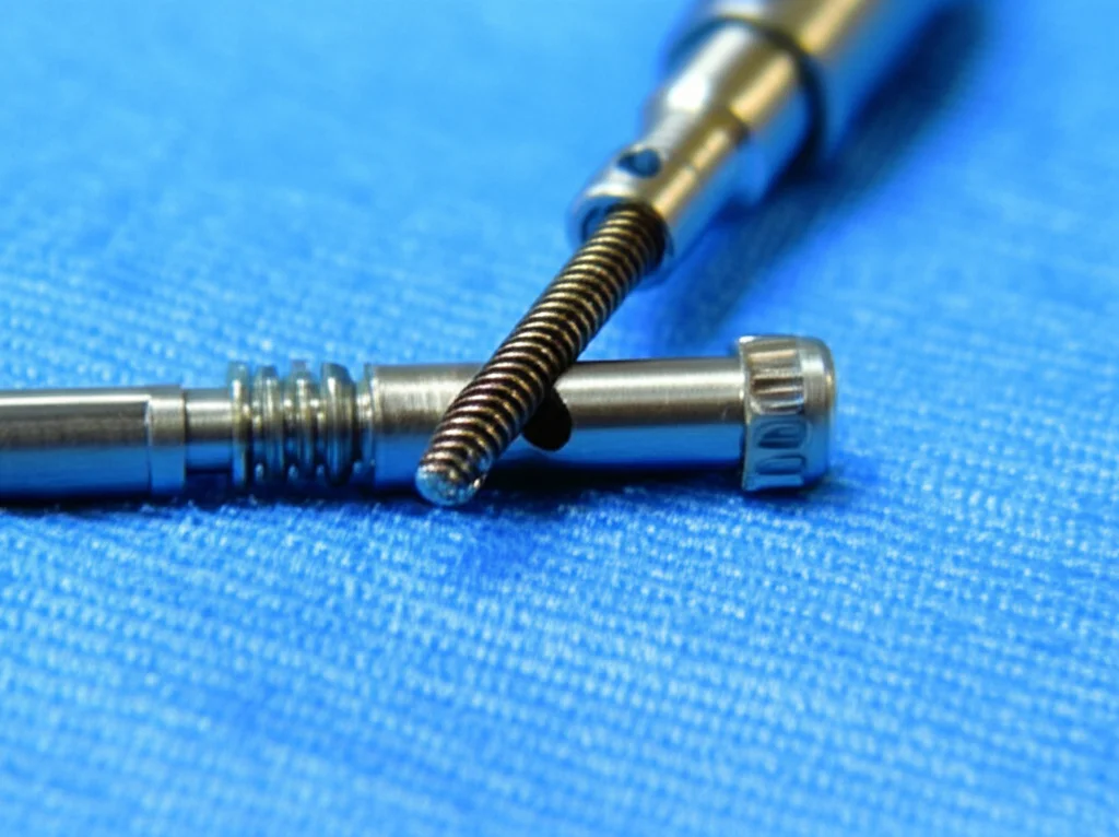 Fotografia macro (obiettivo 90mm) dei componenti della guaina di Amplatz modificata smontati su un telo chirurgico sterile blu. Illuminazione controllata laterale per evidenziare la texture metallica, il meccanismo a vite e le porte laterali per l'aspirazione. Alta definizione, messa a fuoco selettiva sulla parte modificata.