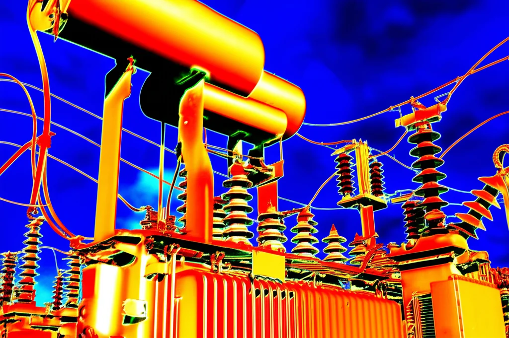 Immagine termografica di un trasformatore elettrico in una sottostazione, che mostra pattern di calore colorati (dal blu freddo al rosso caldo) indicativi del suo stato operativo, obiettivo macro 85mm, illuminazione controllata, alta definizione, dettagli precisi.