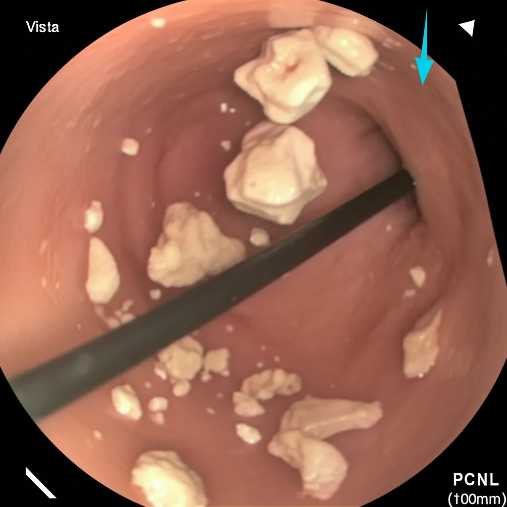 Vista interna del rene durante una procedura PCNL simulata, catturata con un obiettivo macro (100mm). Si vedono chiaramente frammenti di calcolo renale che vengono aspirati attraverso il canale laterale della guaina modificata, mentre il liquido di irrigazione rimane limpido. Illuminazione chirurgica brillante, alta definizione dei dettagli dei tessuti e dei frammenti.
