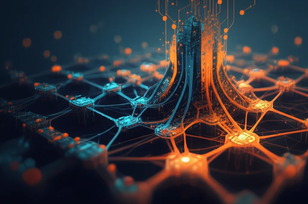Visualizzazione astratta di una rete neurale convoluzionale (CNN) con strati interconnessi blu e arancioni che processano dati termici, rappresentata con colori duotone blu e arancio, profondità di campo, stile grafico high-tech.