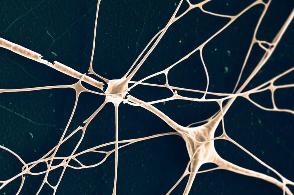 Macro fotografia ad alta definizione di una rete neurale stilizzata che mostra alcune connessioni interrotte o sbiadite, a simboleggiare il declino cognitivo. Obiettivo macro 100mm, illuminazione controllata per evidenziare i dettagli.