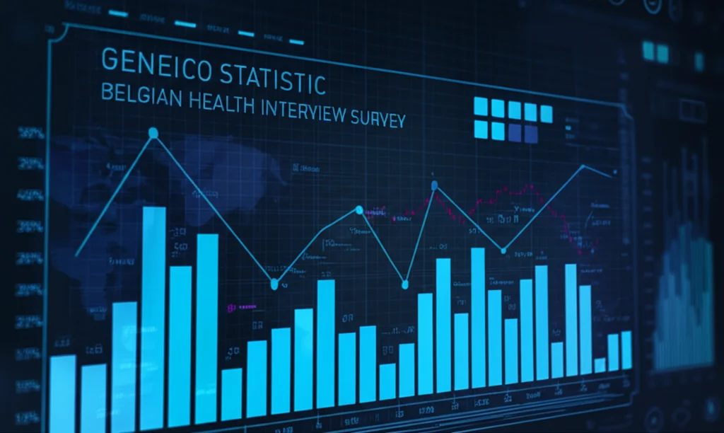 Grafico statistico astratto che mostra barre di dati e linee di tendenza su uno sfondo digitale blu scuro, simboleggiante l'analisi dei dati della Belgian Health Interview Survey. Illuminazione controllata, alta definizione, stile infografica moderna.