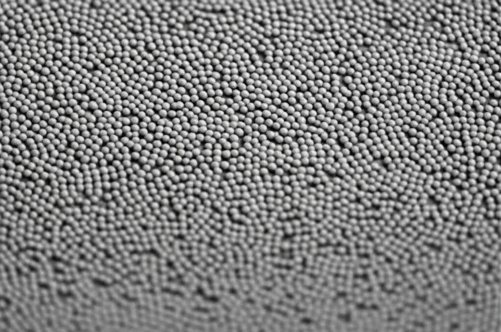 Immagine macro ad alta definizione di polvere BSCF sferica e densa, ottenuta tramite Glatt Powder Synthesis, illuminazione controllata per evidenziare la texture fine e uniforme delle particelle, obiettivo macro 100mm, sfondo neutro da laboratorio.