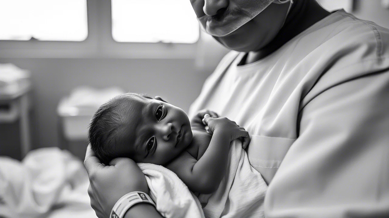 Ritratto fotografico in bianco e nero di un neonato prematuro tenuto delicatamente tra le mani di un operatore sanitario in un ospedale ghanese. Obiettivo prime 35mm, stile film noir, profondità di campo ridotta per focalizzare sul bambino.
