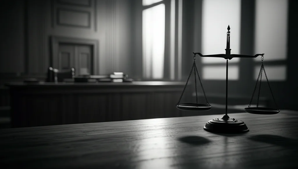 Un'aula di tribunale vuota, illuminata da una luce fioca che entra da una finestra alta. Focus su una bilancia della giustizia leggermente sbilanciata su un tavolo di legno scuro. Obiettivo prime 35mm, profondità di campo ridotta, atmosfera pensierosa, bianco e nero.