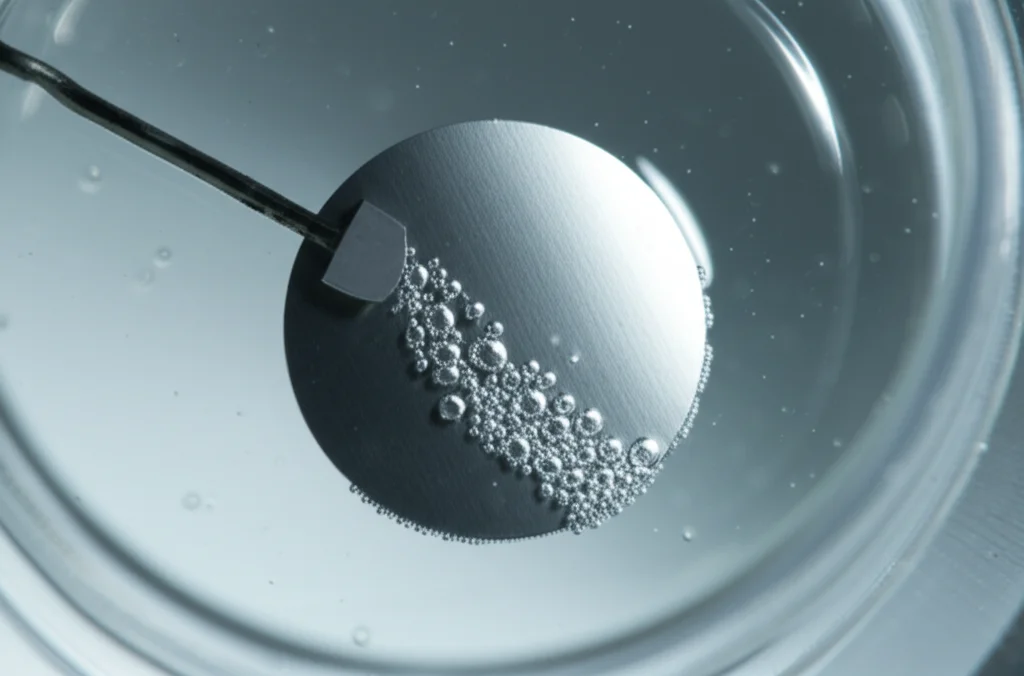 Primo piano di un elettrodo rotante a disco immerso in una soluzione alcalina trasparente all'interno di una cella elettrochimica in vetro. Si notano piccole bollicine di gas idrogeno che si formano sulla superficie dell'elettrodo. Illuminazione da laboratorio focalizzata sull'elettrodo, obiettivo macro 60mm, alta definizione.