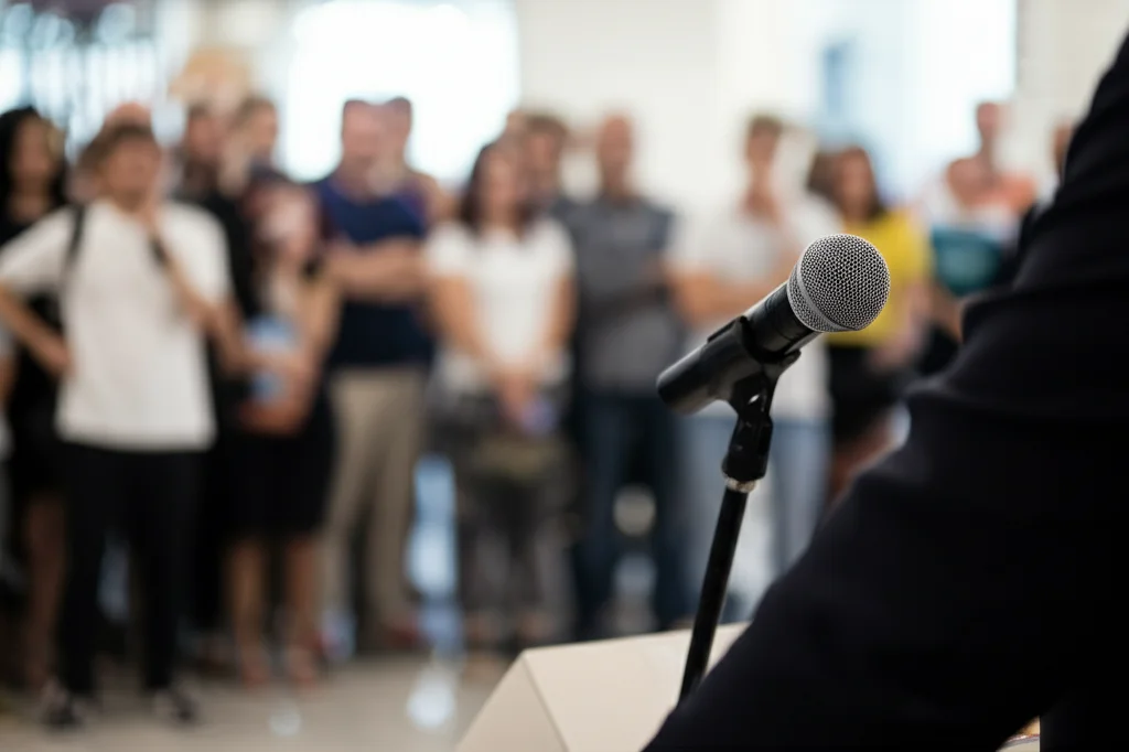 Primo piano di un microfono su un podio durante una conferenza stampa affollata, sfocata sullo sfondo. Luce dura, stile reportage. Obiettivo zoom 70-200mm, cattura l'intensità del momento politico. Colori leggermente desaturati.