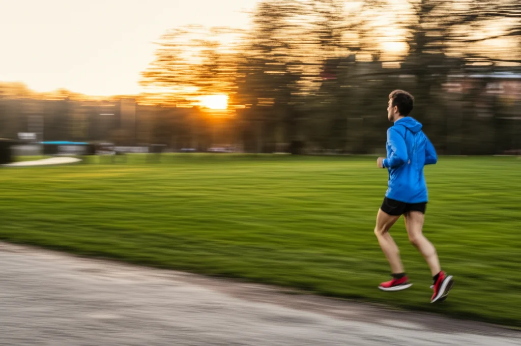 Una persona che fa jogging in un parco cittadino belga al tramonto, vista da dietro. Teleobiettivo zoom 100-400mm, fast shutter speed per congelare il movimento, luce calda e dorata.