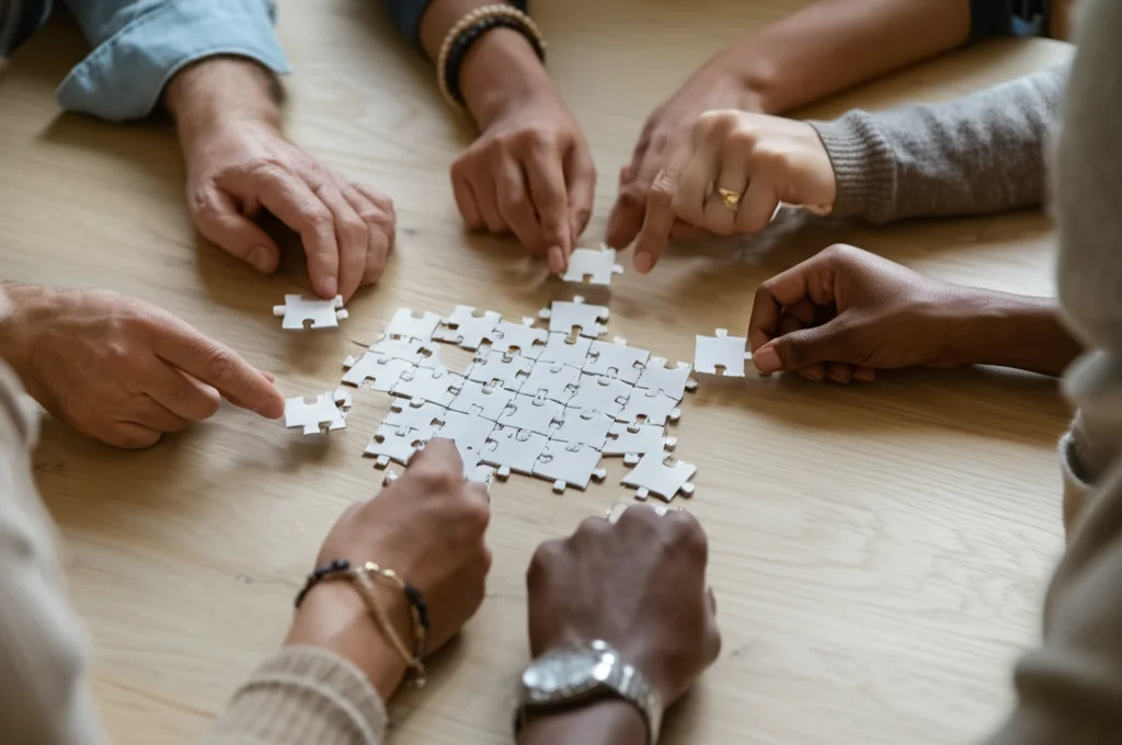 Diverse mani con background etnici differenti che uniscono pezzi di un puzzle su un tavolo di legno chiaro. Luce naturale morbida. Obiettivo macro 60mm, alta definizione sui dettagli delle mani e dei pezzi del puzzle, simboleggiando collaborazione e costruzione.