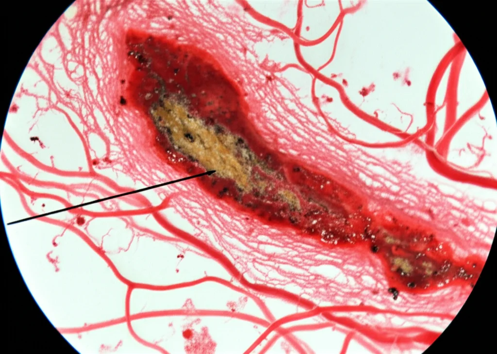 Immagine macro di un'arteria coronaria umana parzialmente ostruita da placca aterosclerotica, obiettivo macro 100mm, illuminazione controllata ad alto dettaglio, messa a fuoco precisa sulla placca.
