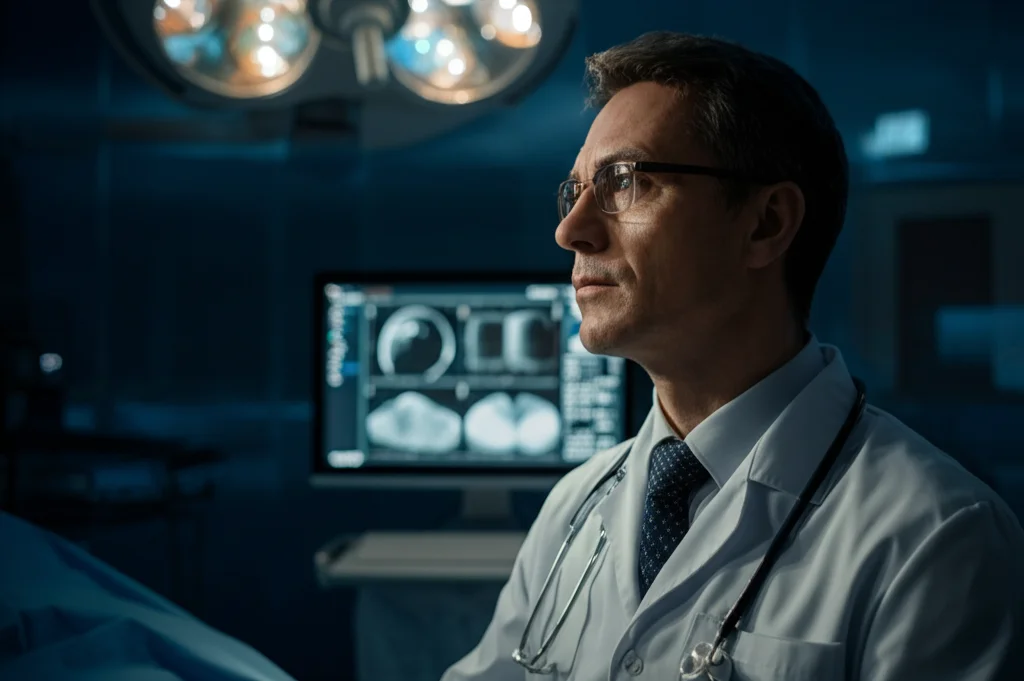 Ritratto di un medico cardiologo pensieroso che esamina un'angiografia coronarica su uno schermo luminoso in una sala operatoria poco illuminata, obiettivo 35mm, profondità di campo, stile film noir.