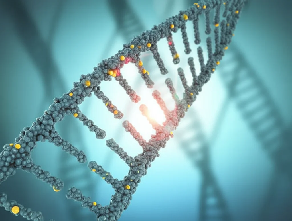 Illustrazione fotorealistica di una doppia elica di DNA con gruppi metilici (sfere luminose) attaccati a specifici siti CpG, visualizzata con una lente macro 90mm, alta definizione, illuminazione da laboratorio controllata, sfondo leggermente sfocato per enfatizzare il DNA.