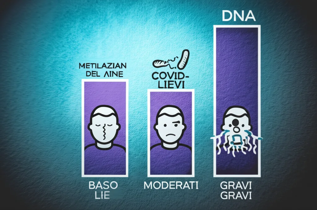 Grafico scientifico stilizzato che mostra tre barre con livelli crescenti (basso, medio, alto) rappresentanti i livelli di metilazione del DNA, associati a icone stilizzate di persone con sintomi COVID lievi, moderati e gravi. Fotografia concettuale, lente 50mm, profondità di campo ridotta.