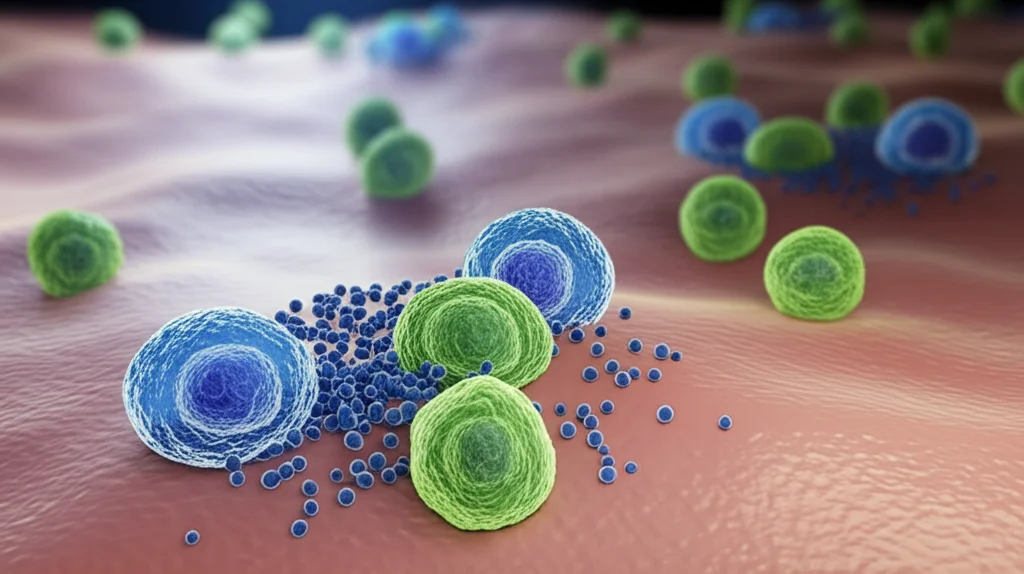 Visualizzazione 3D di cellule T (in blu) che interagiscono attivamente con cellule B della memoria (in verde) all'interno di un microambiente tumorale polmonare stilizzato. Illuminazione focalizzata sull'interazione cellulare, sfondo leggermente sfocato, resa fotorealistica con dettagli cellulari visibili.