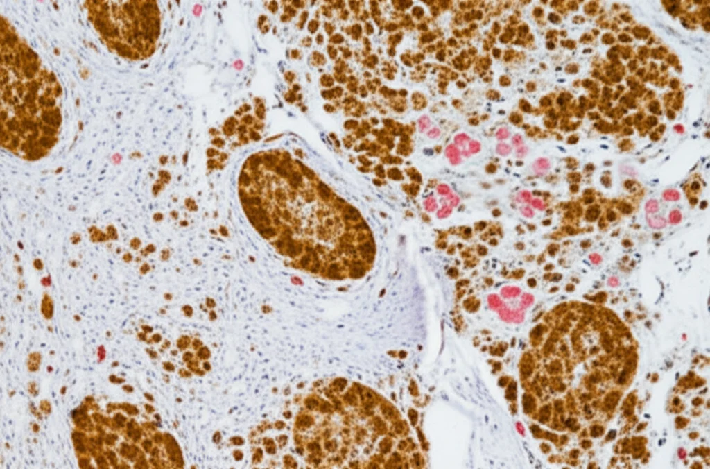 Micrografia ad alta risoluzione di tessuto polmonare tumorale con immunoistochimica che mostra cellule tumorali con alta espressione della proteina PLA2G4A (colore marrone intenso) circondate da linfociti T regolatori (Tregs, marcati con FoxP3 in un altro colore, ad esempio rosso nucleare). Obiettivo ad alto ingrandimento (es. 40x), illuminazione chiara da microscopio, focus preciso sulle cellule marcate.
