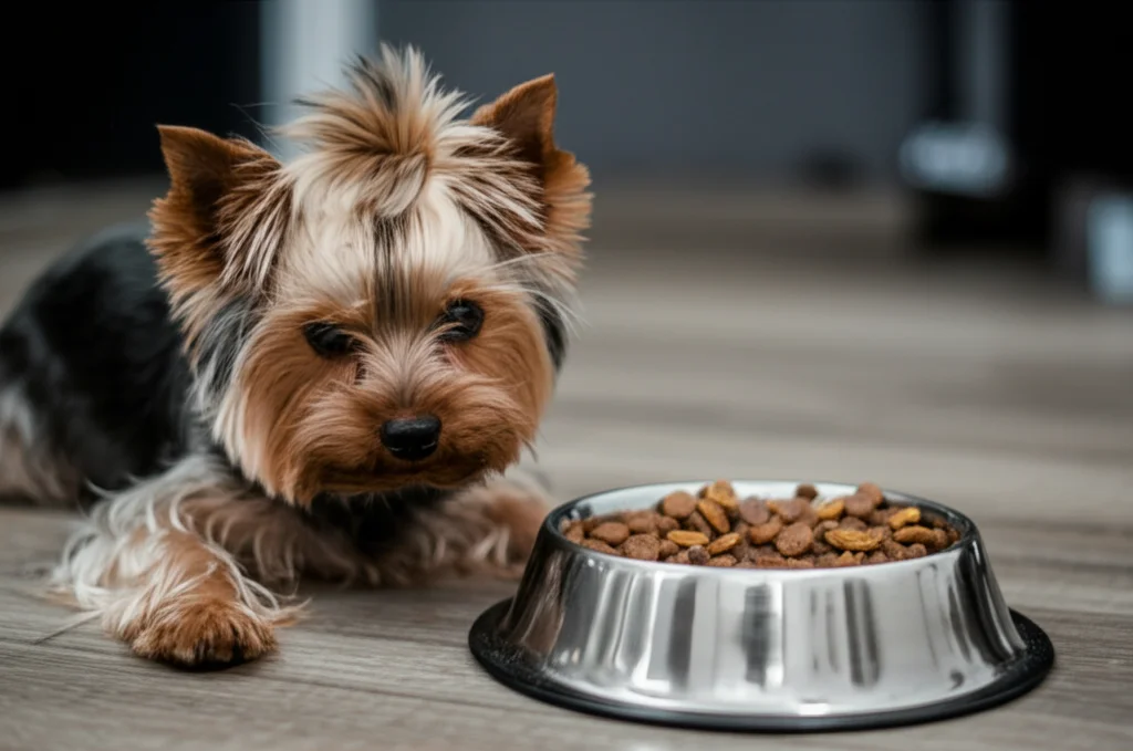 Primo piano di un adorabile Yorkshire Terrier che guarda incuriosito due ciotole, una con crocchette secche e una con cibo umido. Macro lens 90mm, high detail, precise focusing sulla texture del cibo e sul musetto del cane, controlled lighting per evidenziare la scena.