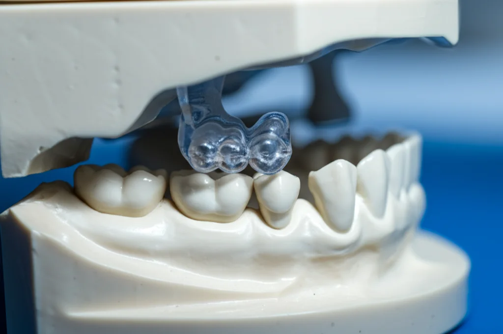 Macro shot di una guida endodontica trasparente stampata in 3D appoggiata su un modello dentale bianco in un laboratorio dentistico moderno. Obiettivo macro 100mm, illuminazione controllata e professionale, alta definizione dei dettagli della resina trasparente, messa a fuoco precisa sulla guida.