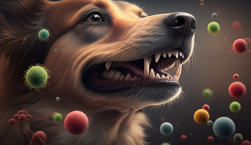 Visualizzazione astratta del microbiota orale canino. Sfondo sfocato di una bocca di cane, in primo piano sfere colorate fluttuanti che rappresentano diversi batteri (alcune verdi 'buone', altre rosse 'cattive'). Macro lens 100mm, depth of field, high detail sulle sfere batteriche, illuminazione drammatica.