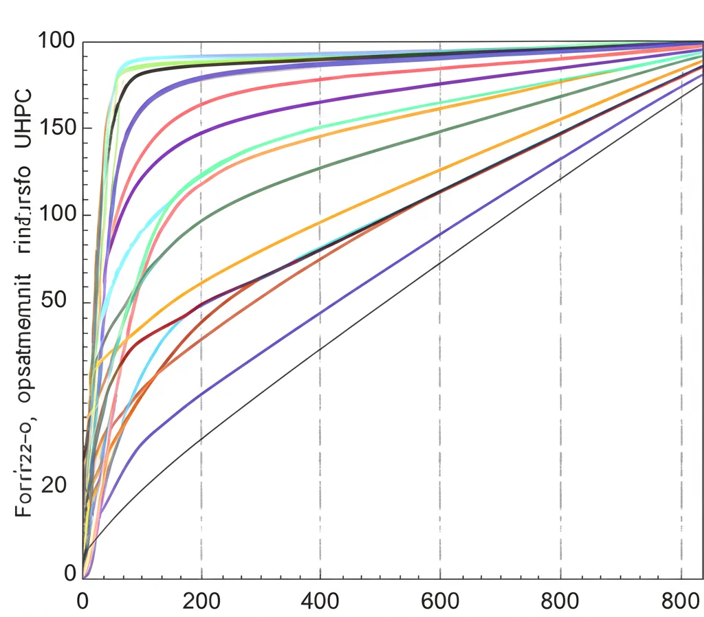 Grafico comparativo su schermo digitale che mostra le curve forza-spostamento di muri in mattoni con diversi spessori di rinforzo UHPC. Linee colorate distinte, etichette chiare, stile grafico pulito e professionale.
