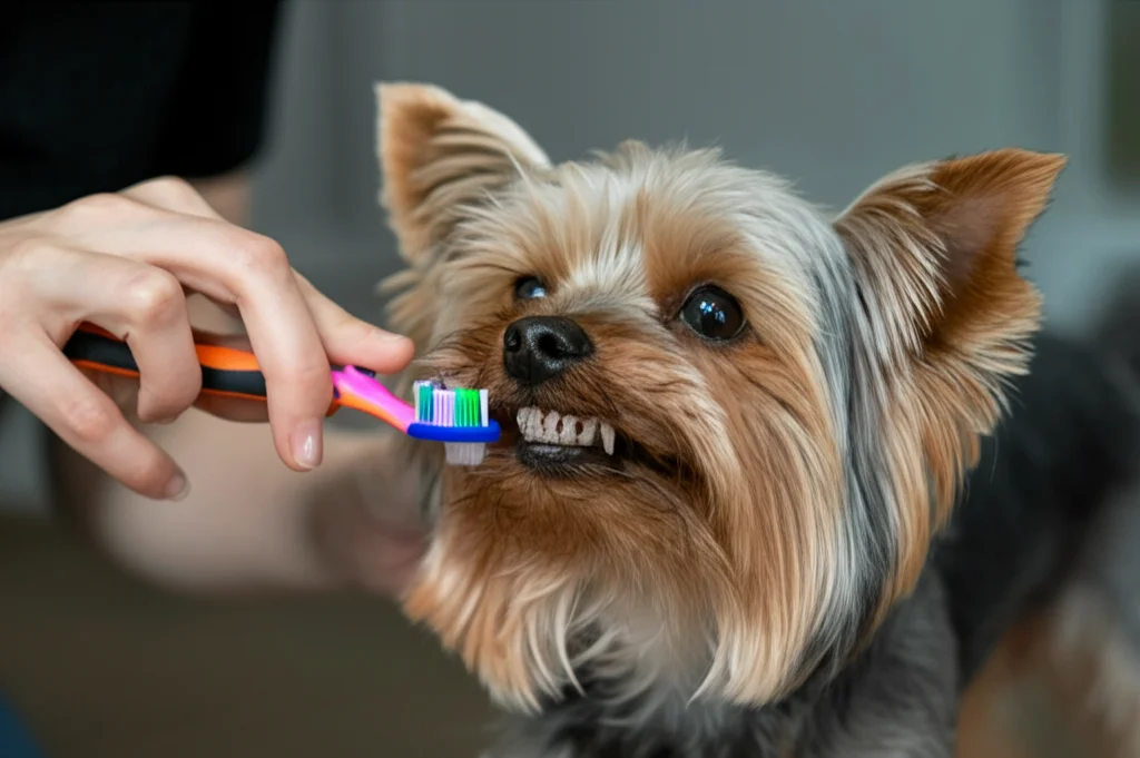 Mano di una persona che spazzola delicatamente i denti di uno Yorkshire Terrier con uno spazzolino per cani. Prime lens 35mm, depth of field, focus sui denti e lo spazzolino, luce naturale morbida, espressione collaborativa del cane.