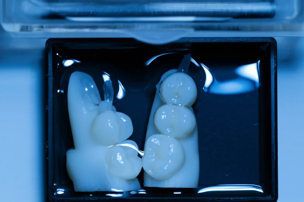 Still life photo che mostra due identiche guide endodontiche stampate in 3D, una in una scatola asciutta e scura, l'altra parzialmente immersa in acqua sotto una luce intensa. Obiettivo macro 60mm, illuminazione controllata che evidenzia il contrasto tra le due condizioni di conservazione.