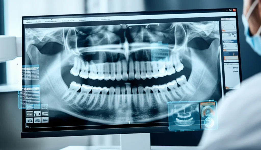 Fotografia macro di un dentista che esamina una radiografia orale digitale su uno schermo ad alta definizione. L'interfaccia utente di un software AI è visibile in sovrimpressione, suggerendo possibili diagnosi. Obiettivo macro 90mm, illuminazione controllata da studio dentistico, alta definizione, messa a fuoco precisa sui dettagli della radiografia e sull'interfaccia AI.