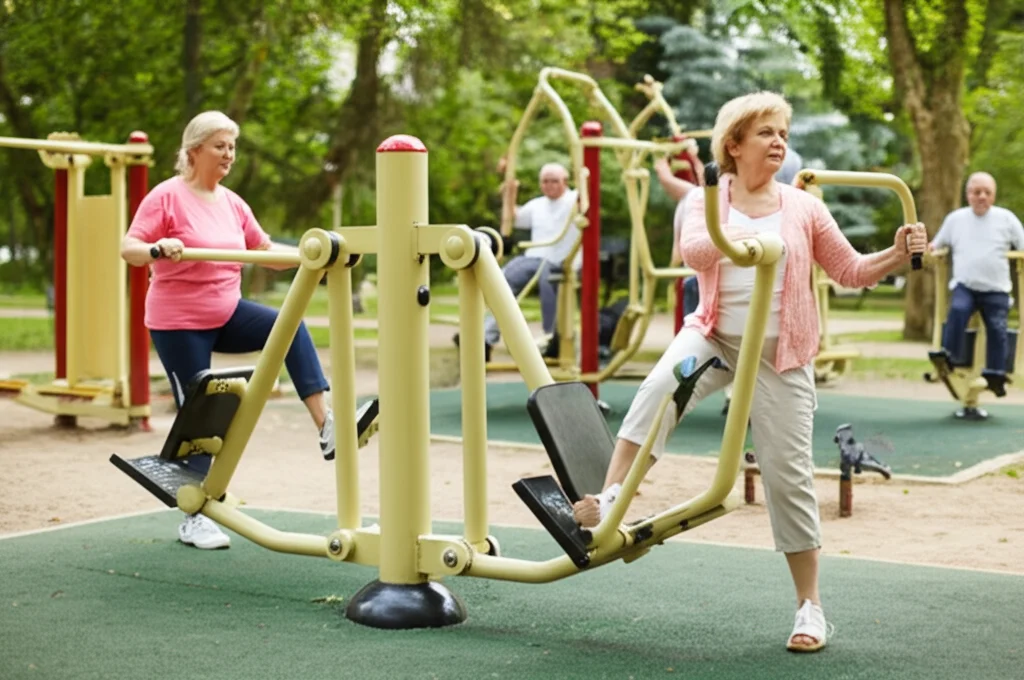 Fotografia realistica di un gruppo eterogeneo di adulti di mezza età e anziani (50-70 anni) che utilizzano attrezzi fitness all'aperto (OFE) in un parco pubblico ben curato. Alcuni usano una macchina per le gambe, altri una per le braccia, con espressioni concentrate ma serene. Obiettivo prime 35mm, luce diurna morbida, profondità di campo media che mostra sia i soggetti che l'ambiente del parco con alberi verdi sullo sfondo.