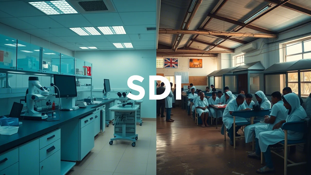 Lens grandangolare, 20 mm, focus acuto, un'immagine divisa che visualizza l'impatto SDI: il lato sinistro mostra un moderno laboratorio di ricerca cardiaca ben attrezzata (SDI alto), il lato destro mostra una clinica di salute sovraffollata e sovraffollata in un ambiente rurale (bassa SDI), sottile effetto duotono (effetto duotono sottile (cool blu a sinistra, a destra calda) che indica la disparità nelle risorse e