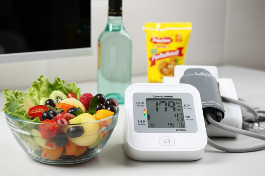 Lence Prime, 50 mm, profondità di campo, concentrarsi su una ciotola vibrante di frutta e verdura fresca accanto a un monitor della pressione sanguigna che mostra una lettura sana, con elementi di sfondo leggermente offuscati come snack salati e un bottiglia di alcol, che simboleggia le scelte di stile di vita positive per la salute del cuore.