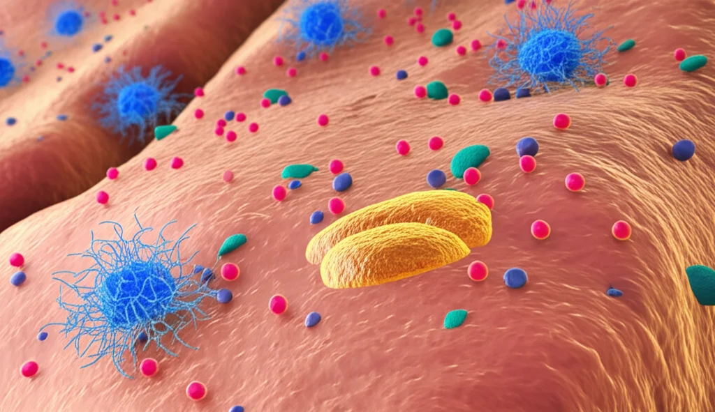 Illustrazione medica dettagliata che mostra cellule epatiche (epatociti) con accumulo di gocce lipidiche (steatosi), circondate da neutrofili e piastrine attivate. Macro lens, 60mm, high detail, precise focusing.